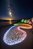 grupp av stenar Sammanträde på topp av en sandig strand. generativ ai. foto