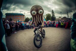 jätte bläckfisk ridning en cykel i främre av en folkmassan. generativ ai. foto