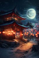 kinesisk tempel på natt med en full måne i de himmel. generativ ai. foto