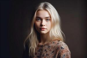 porträtt av en modern europeisk flicka med lång blond hår. studio ljus. mörk bakgrund. generativ ai foto