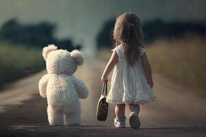 en liten flicka promenader ner de väg med en teddy Björn. generativ ai foto