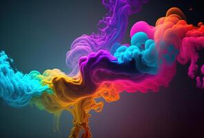 bubblor av flerfärgad neon rök, bläck. ett explosion, en brista av holi måla. abstrakt psychedelic svart mörk bakgrund. 3d tolkning. ai genererad. foto