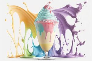 stänk flerfärgad is grädde i en glas skål. stänk och droppar av grädde, milkshake. abstrakt illustration av pastell färger på en vit bakgrund. ai genererad. foto