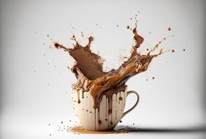 kaffe kopp, stänk och stänka ner. brista av brun flytande, droppar. abstrakt illustration på ljus bakgrund. ai genererad. foto