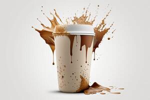 kaffe papper kopp, stänk och stänka ner. brista av brun flytande, droppar. abstrakt illustration på vit bakgrund. ai genererad. foto