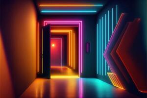 fantastisk neon tunnel, virtuell konst Galleri begrepp . nedsänkning i virtuell verklighet, artificiell intelligens. mörk abstrakt bakgrund med flerfärgad glöd. 3d tolkning. ai genererad. foto