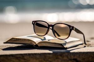 solglasögon på böcker stack. generera ai foto