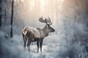 magisk ren förlorat i snöig skog jul Semester ai genererad foto