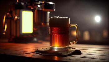 glas råna av öl med skum i en bar, pub, bryggeri. lageröl dryck, halvliter, alkohol närbild. generativ ai foto