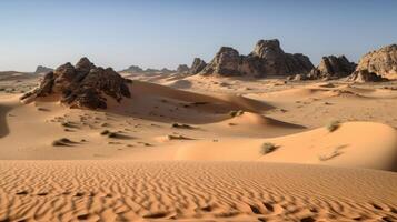 en öken- med sand sanddyner och sten formationer. generativ ai foto