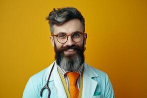 ai generativ leende ung manlig läkare med stetoskop stående foto