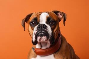 ai generativ porträtt av en söt hund med orange krage på fast bakgrund foto