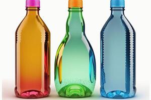 illustration av färgad plast vatten flaskor, vit bakgrund ai genererad foto
