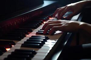 musiker händer på piano tangentbord. klassisk musik instrument. generativ ai foto