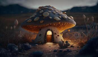 illustration av giftig svamp hus, dvärg fe- hus från giftig svamp generativ ai foto