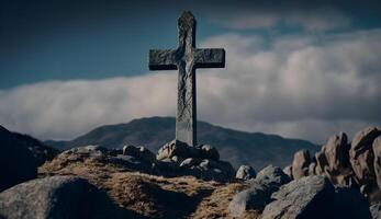 korsa symbol på de sten kulle , kristen symbol på topp av sten generativ ai foto