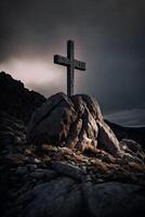kristen symbol på topp av sten, korsa symbol på de sten kulle generativ ai foto