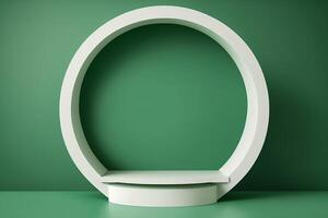 samtida vit cirkel podium piedestal för produkt visa på grön bakgrund. ai generativ foto