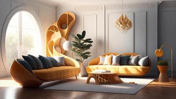 interiör med gul soffa. 3d illustration attrapp i modern stil. ai genererad foto