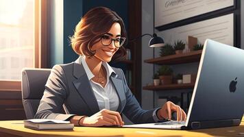 leende affärskvinna arbetssätt på bärbar dator i kontor. Framgång begrepp. 3d framställa foto