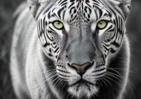 närbild porträtt av en vit tiger med svart och vit Ränder. 3d framställa. ai genererad foto