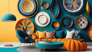 interiör av modern levande rum med blå soffa, orange fåtölj, runda spegel, 3d framställa. ai genererad foto