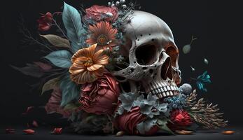 skalle med rosor. mänsklig skalle i skön blommor. halloween bilder. dag av de död. generativ ai foto