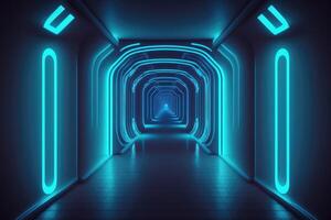 ai genererad natt klubb tömma rum interiör. tunnel eller korridor blå neon bakgrund. foto