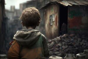 ai genererad hungrig pojke på de slum distrikt. tillbaka se. foto