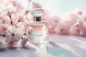 parfym flaska med färsk rosa körsbär blomma. generativ ai foto