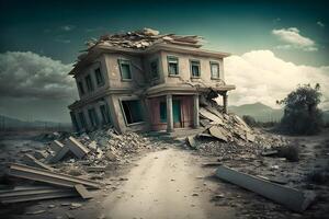 förstörd hus efter de jordbävning. neuralt nätverk ai genererad foto