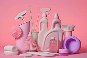 kreativ fortfarande liv med leveranser för rengöring eller hushållning på pallplatser över rosa bakgrund. neuralt nätverk ai genererad foto
