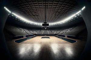 interiör se av ett upplyst basketboll stadion för en spel. neuralt nätverk genererad konst foto