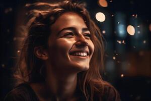 porträtt av en Lycklig flicka med en leende. neuralt nätverk ai genererad foto