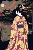 japansk kitsune kvinna bär en kimono ser till orientalisk stad. neuralt nätverk genererad konst foto