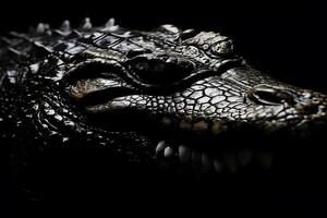 stänga upp se krokodil. vild djur- isolerat på en svart bakgrund. neuralt nätverk ai genererad foto