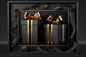 svart gåva lådor med guld band på mörk bakgrund. neuralt nätverk ai genererad foto