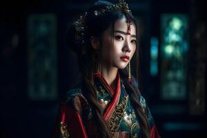 asiatisk kvinna i kimono på natt. neuralt nätverk ai genererad foto