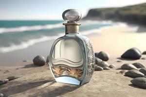 en glas flaska av parfym stående på en hav bakgrund. neuralt nätverk genererad konst foto