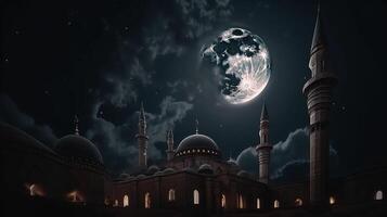 moské i främre av natt molnig och starry himmel illustration ai generativ foto