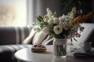 interiör design med blommor i vas. illustration ai generativ foto
