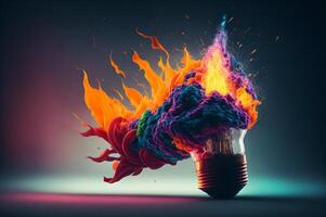 ett explosion av färger från en ljus Glödlampa, kreativ begrepp, smart och skön aning, ai genererad foto