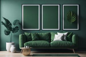 samtida interiör design för 3 affisch ramar i levande rum falsk upp med grön soffa, trä- pott och golv lampa, mall, 3d framställa, illustration, ai genererad foto