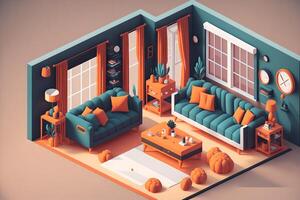 3d illustration isometrisk låg poly levande rum söt design. rum inkluderar soffa, kaffe tabell, fönster, ridå, klocka, ram och Övrig möbel, ai genererad foto