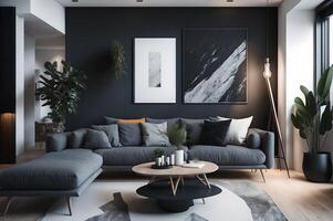 modern levande rum interiör design med elegant grå soffa, kuddar, golv, växter, trä- tabell, lampa, och bra design tablå, ai genererad foto