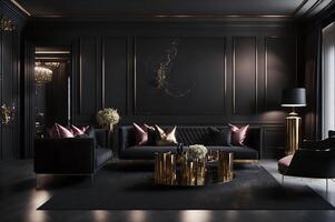 stor levande rum i en mörk stil, svart soffa, reste sig rosa kuddar, och guld tabell på en svart vägg svart lampa, ai genererad foto