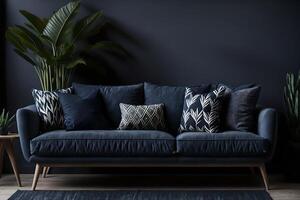 mönstrad kuddar på en soffa Nästa till en trä- tabell och en växt i en glödande lägenhet interiör, ai genererad foto