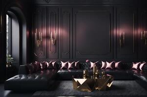 stor levande rum i en mörk stil, svart soffa, reste sig rosa kuddar, och guld tabell på en svart vägg, och reste sig ljus, ai genererad foto