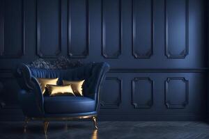 3d tolkning av en mörk blå levande rum interiör med en mysigt lyx fåtölj, ai genererad foto