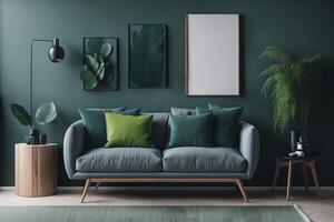 elegant levande rum interiör design med attrapp affisch ram, modern grå soffa, trä- kommod, hopfällbar skärm och eleganta Tillbehör. eukalyptus grön vägg. mall. kopia Plats., ai genererad foto